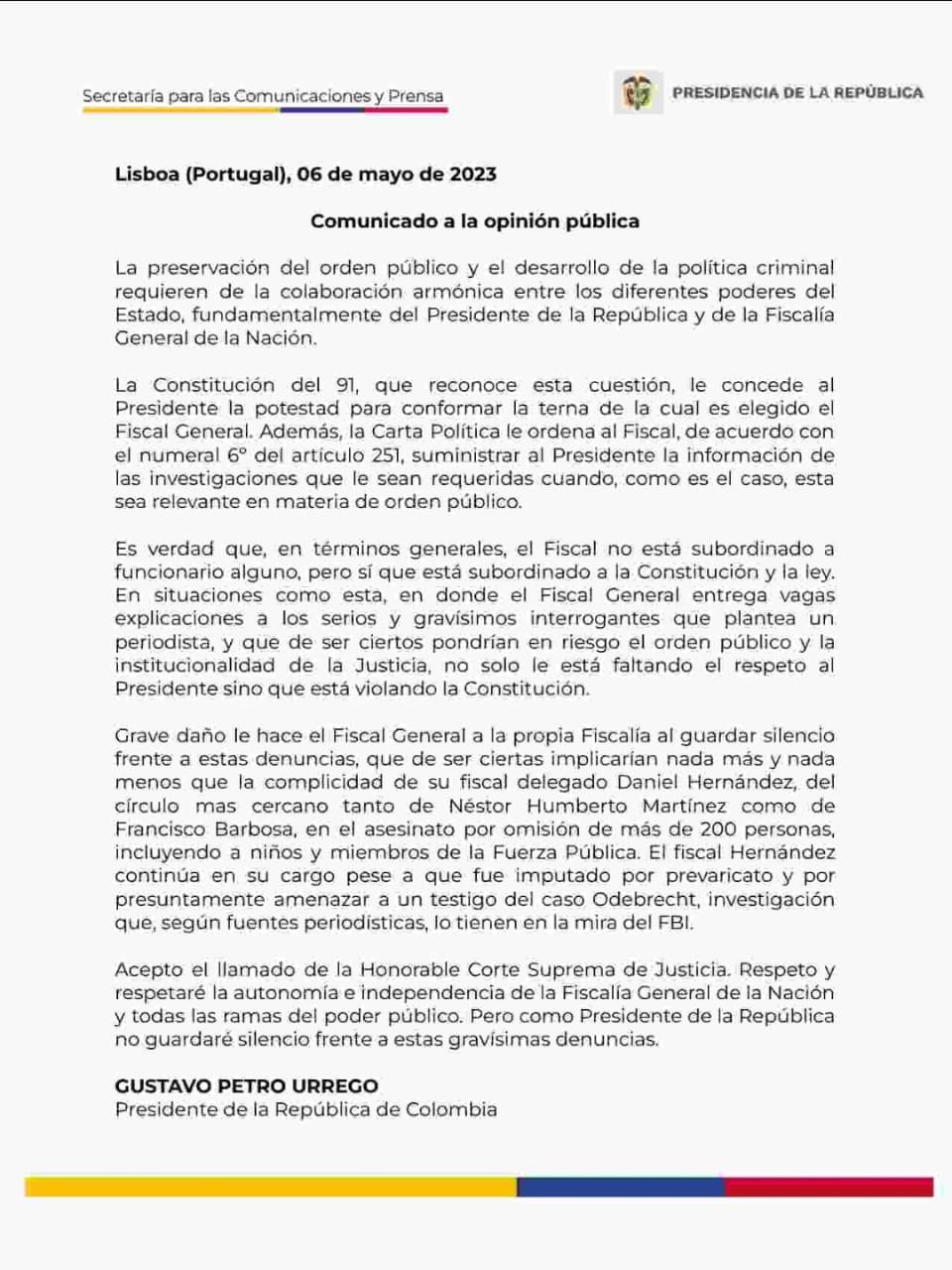 Comunicado de prensa de la Presidencia de la República