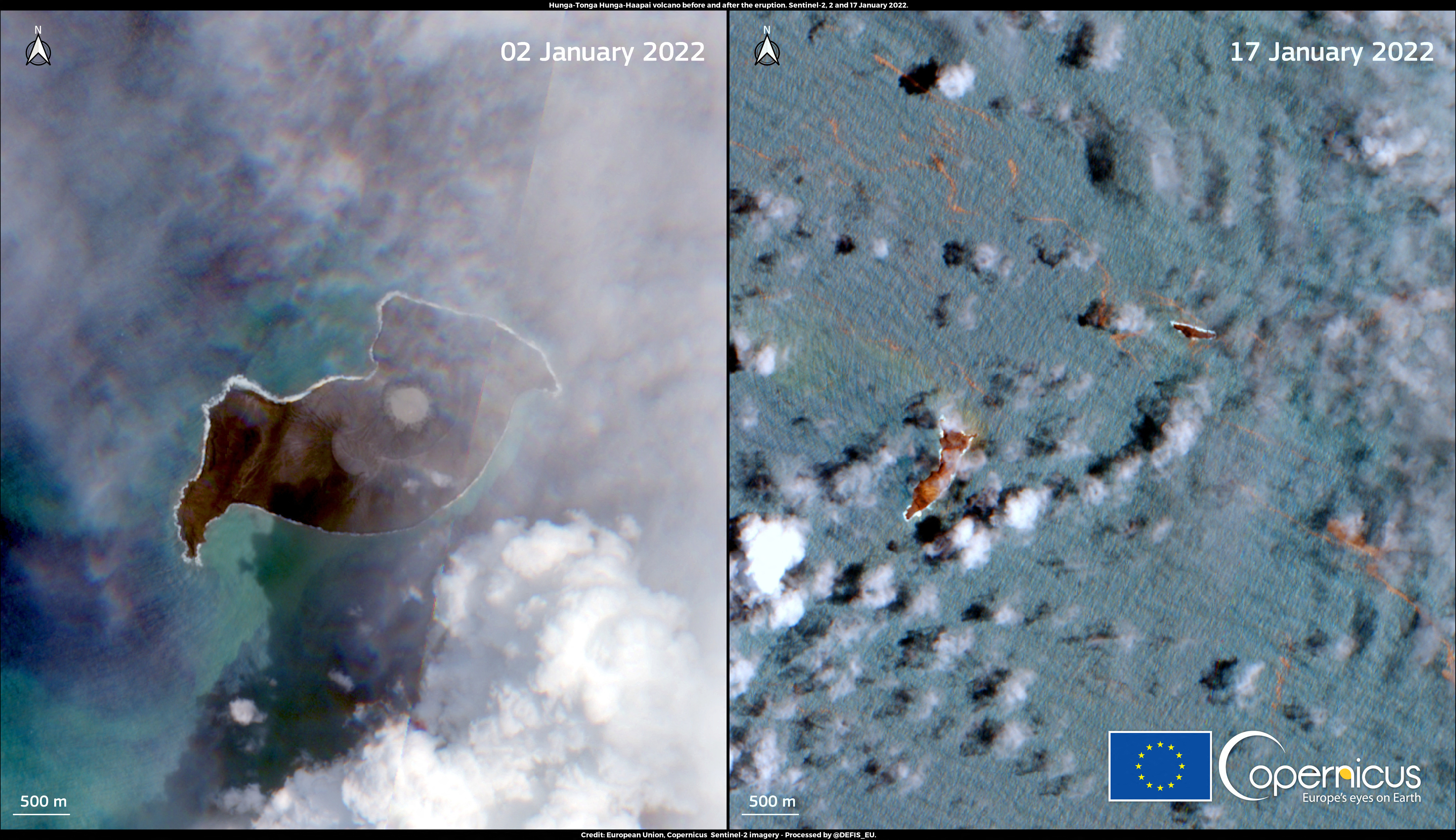Combinación de imágenes de satélite Copernicus Sentinel-2 publicadas el 18 de enero de 2022 por Copernicus, el Programa de Observación de la Tierra de la Unión Europea, de la isla donde se encontraba el volcán Hunga-Tonga-Hunga-Ha'apai en Tonga. (AFP/ Unión Europea, Copernicus Sentinel-2)