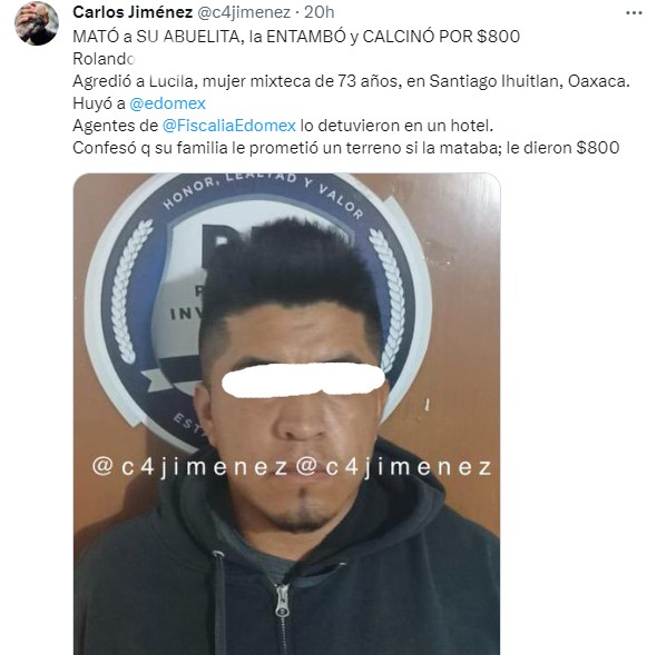 Rolando "N" fue detenido por el presunto asesinato de abuelitaFoto: Captura de pantalla, C4 Jiménez