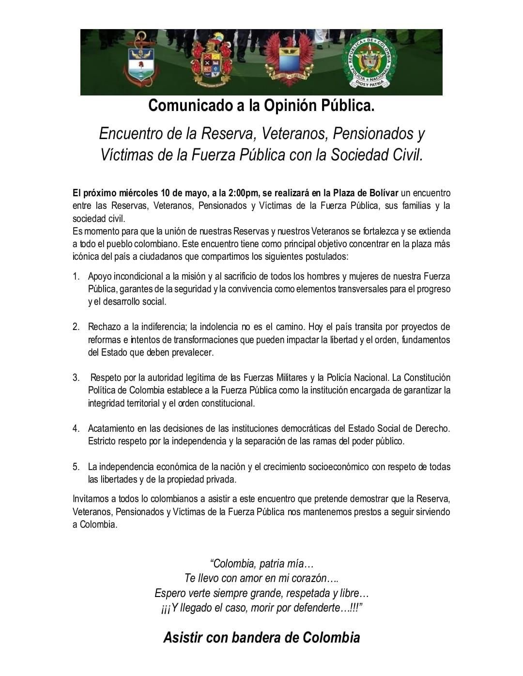 Comunicado a la opinión pública de la manifestación que se desarrollará el miércoles 10 de mayo en Bogotá. Rafael Alfredo Colón Torres / @rafacolontorres