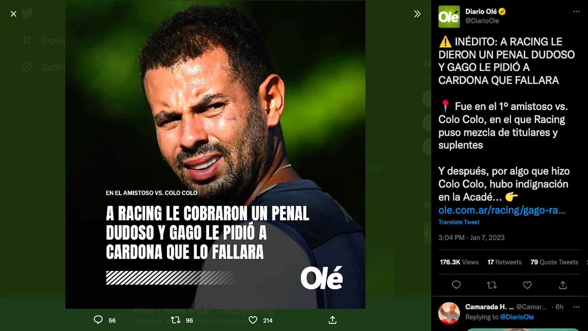Edwin Cardona erró penal adrede que no fue correspondido en juego limpio por Colo Colo / (Twitter: @DiarioOle)