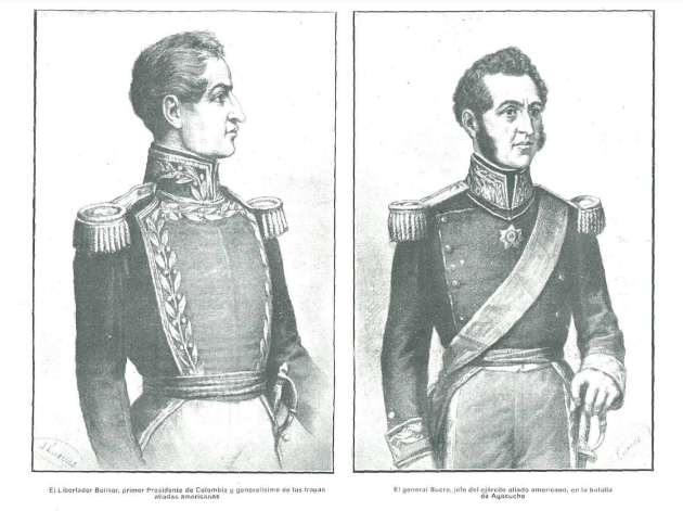 Simón Bolívar y Antonio José de Sucre. El primero había quedado al frente del ejército libertador, luego del alejamiento de José de San Martín. (Ilustración revista Caras y Caretas).