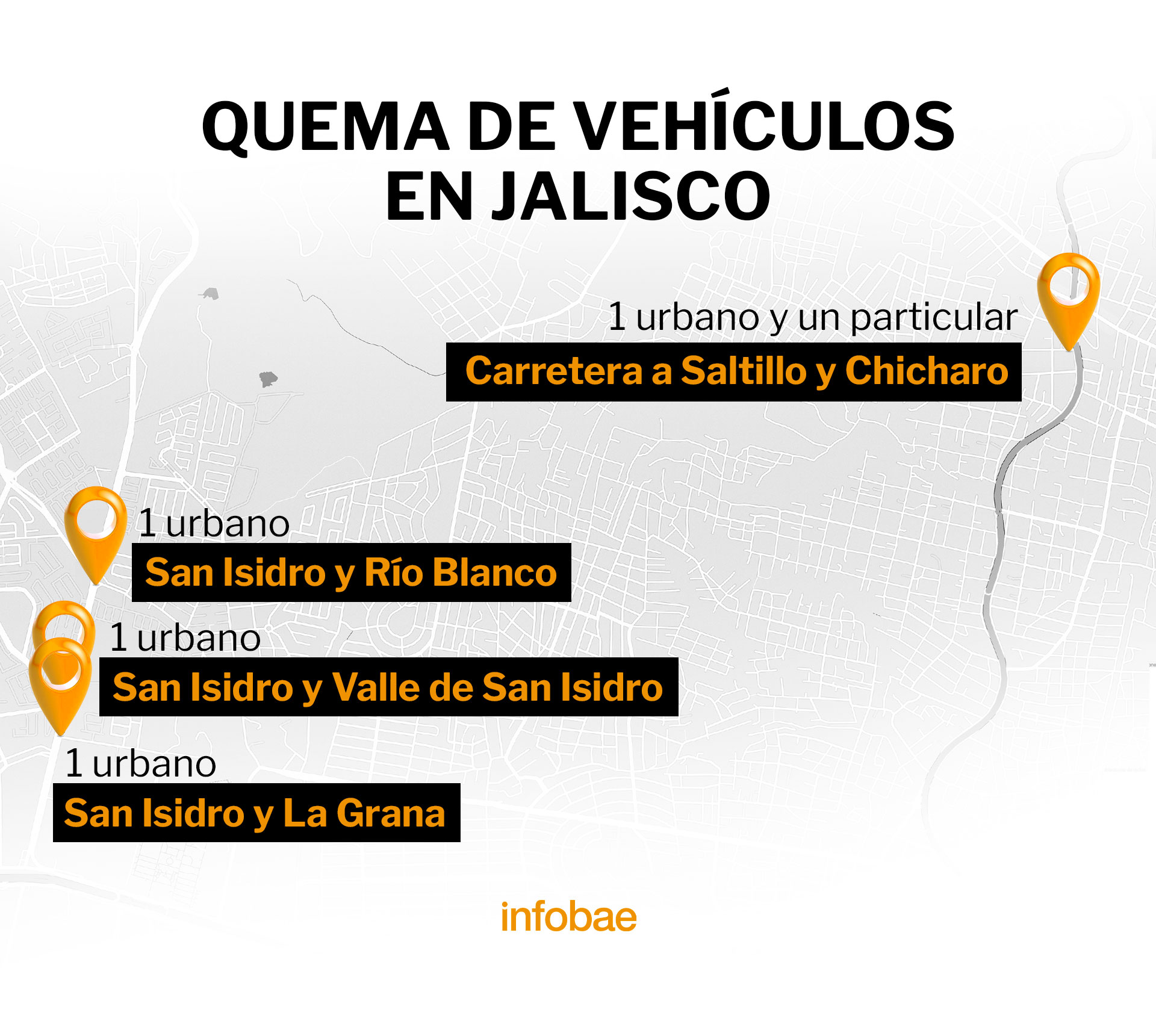 15 vehículos incendiados y 8 bloqueos carreteros fueron los resultados de los disturbios del 9 10 de agosto en Jalisco (Mapa: Jovani Pérez / Infobae México)
