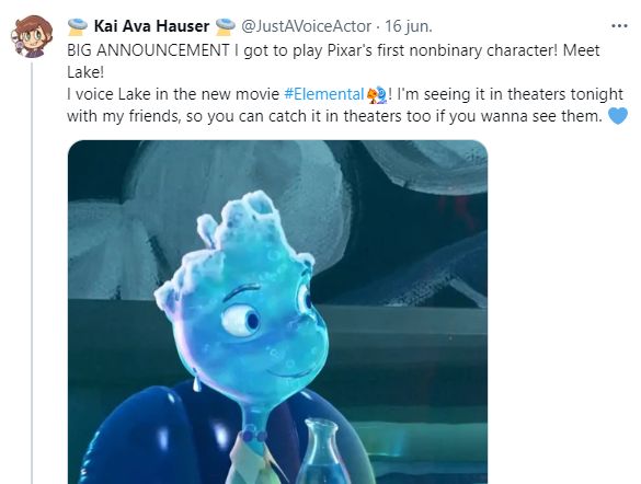 Lake es el personaje no binario de "Elementos", la nueva película de Pixar. (Twitter/@JustAVoiceActor)