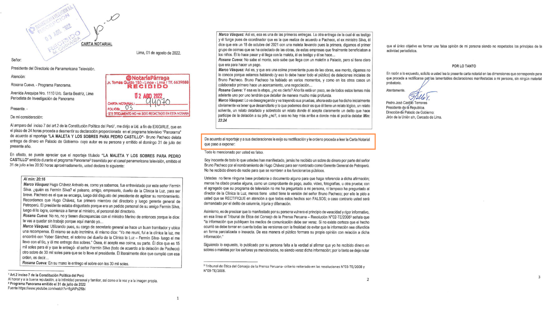 Pedro Castillo sends a notarial letter to Panorama. Photo: Panorama