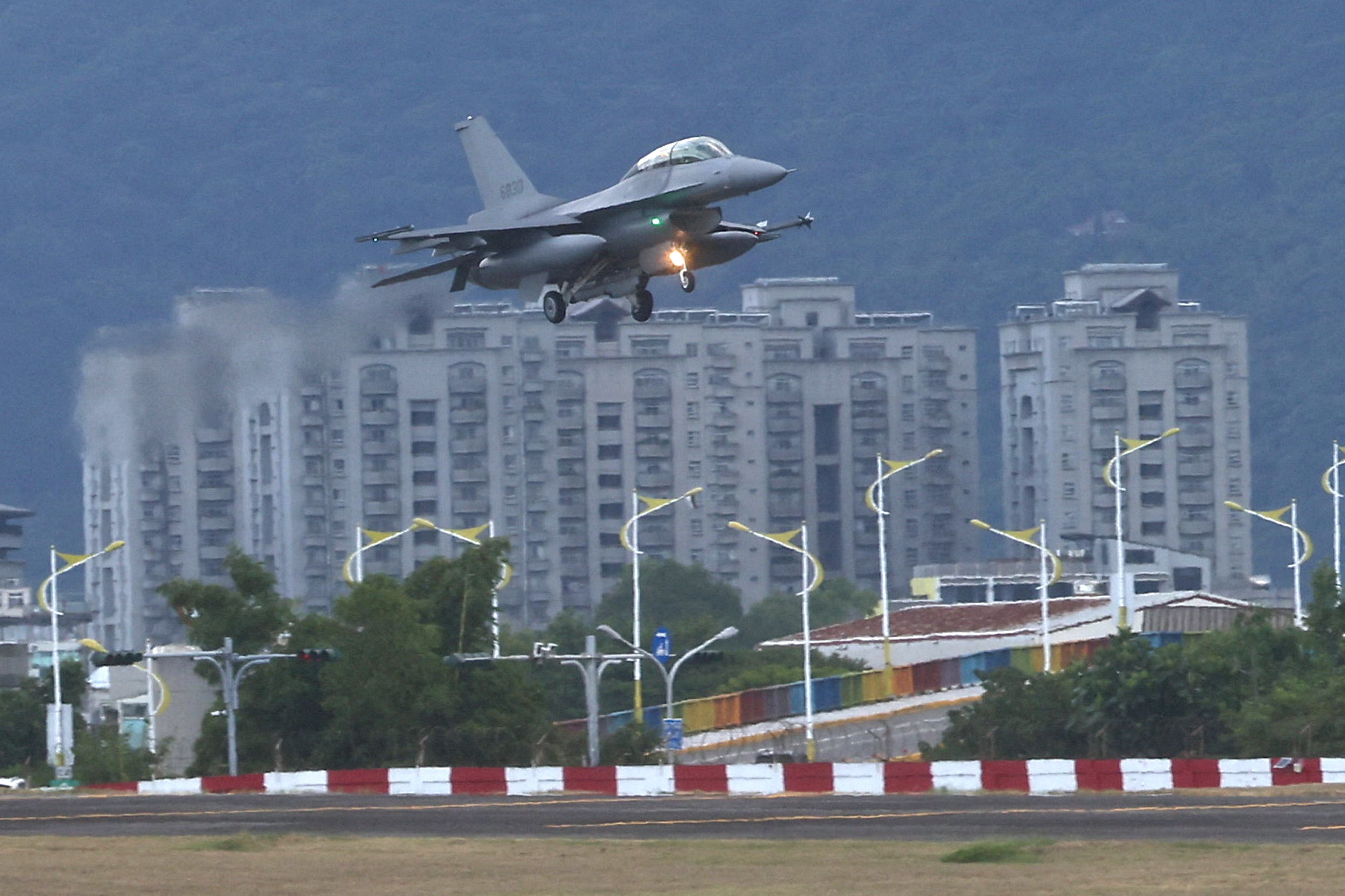 An F-16V lands at Hualien Air Base (REUTERS/Ann Wang)