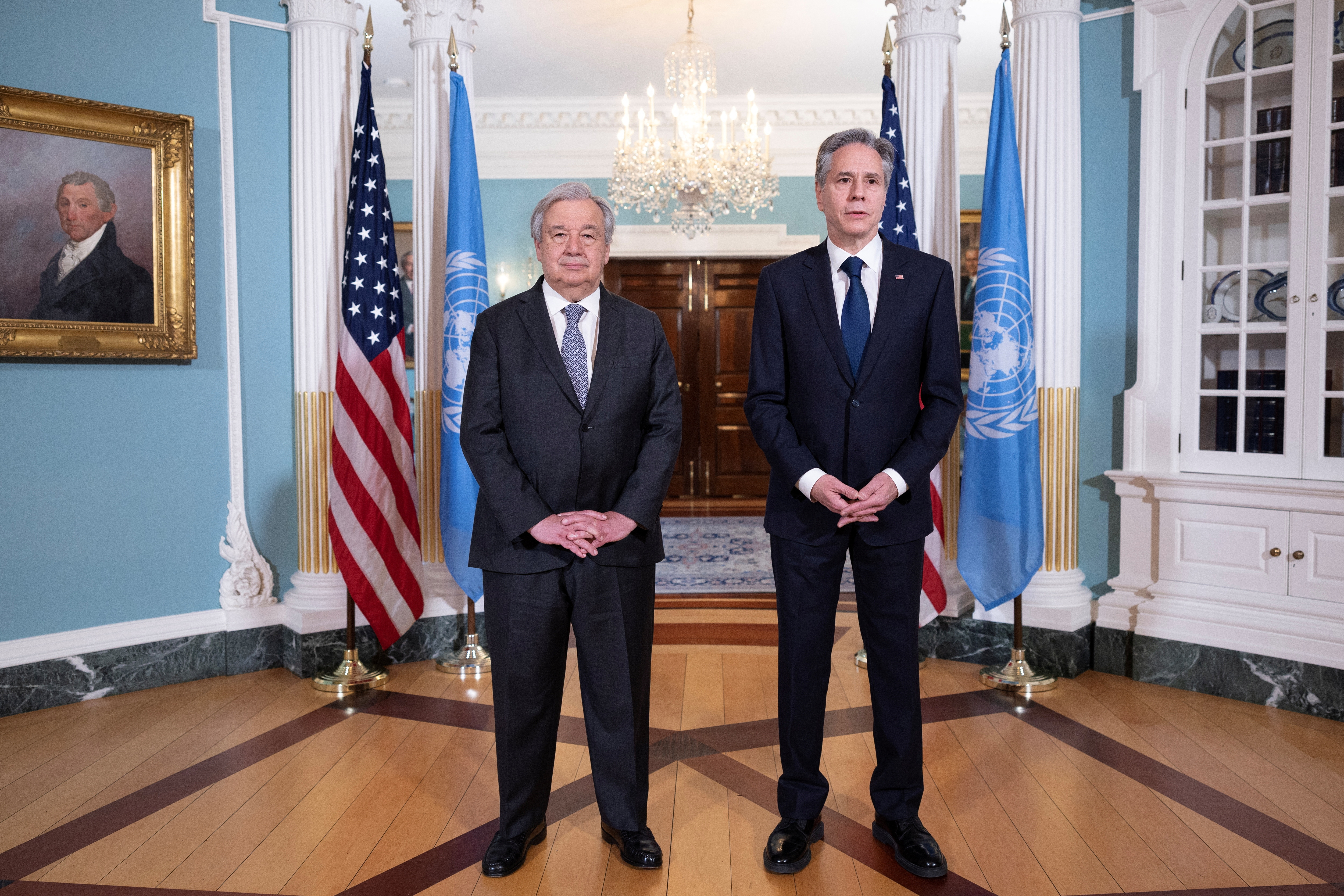 El secretario general de la ONU, Antonio Guterres, fue recibido por el secretario de Estado de EEUU, Antony Blinken, en Washington (REUTERS/Tom Brenner)