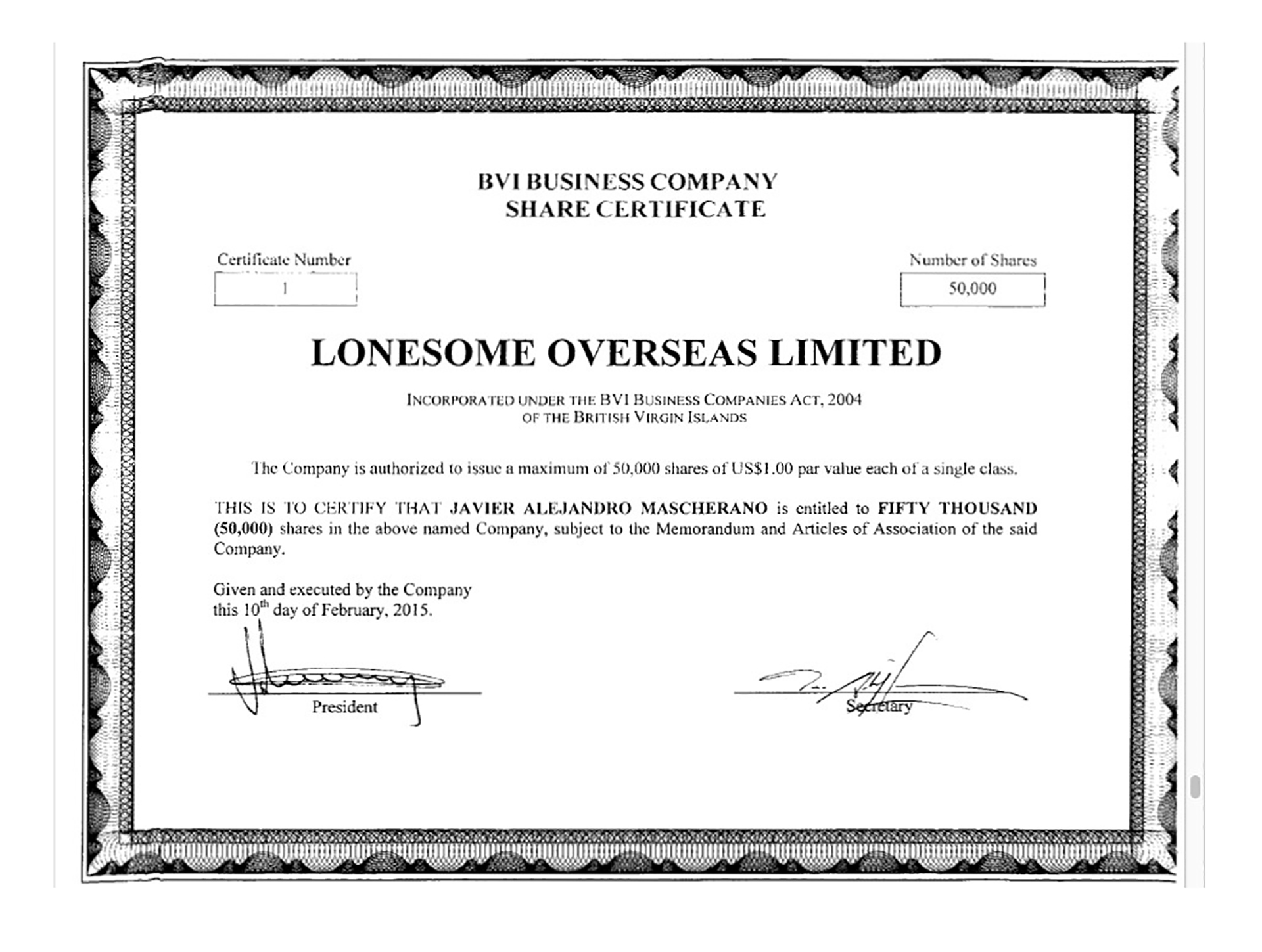 El certificado accionario de Mascherano como titular de Lonesome