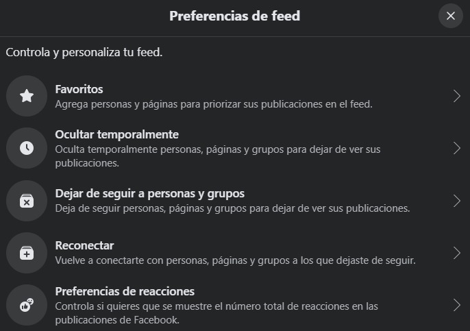 Configuración del feed de Facebook. (Captura)