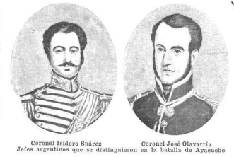 Suárez y Olavarría, dos argentinos de destacada actuación en Ayacucho. (Ilustración revista Caras y Caretas).