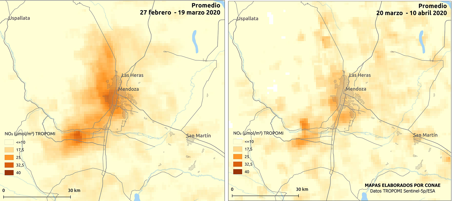 Mapa comparativo de NO2 en Mendoza, de febrero-marzo - marzo-abril (CONAE)