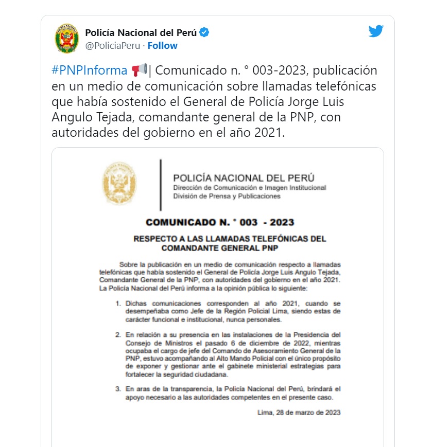 La Policía Nacional del Perú (PNP) compartió un comunicado a través de sus redes sociales.
