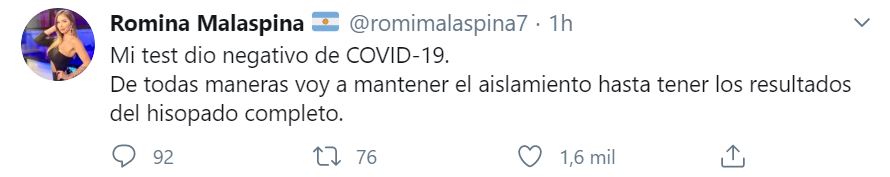 El tuit de Romina Malaspina confirmando que no tiene coronavirus