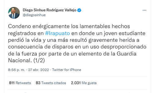 El gobernador de Guanajuato aseguró que se les brindará apoyo y seguimiento a los familiares de las víctimas (Foto: Twitter@diegosinhue)