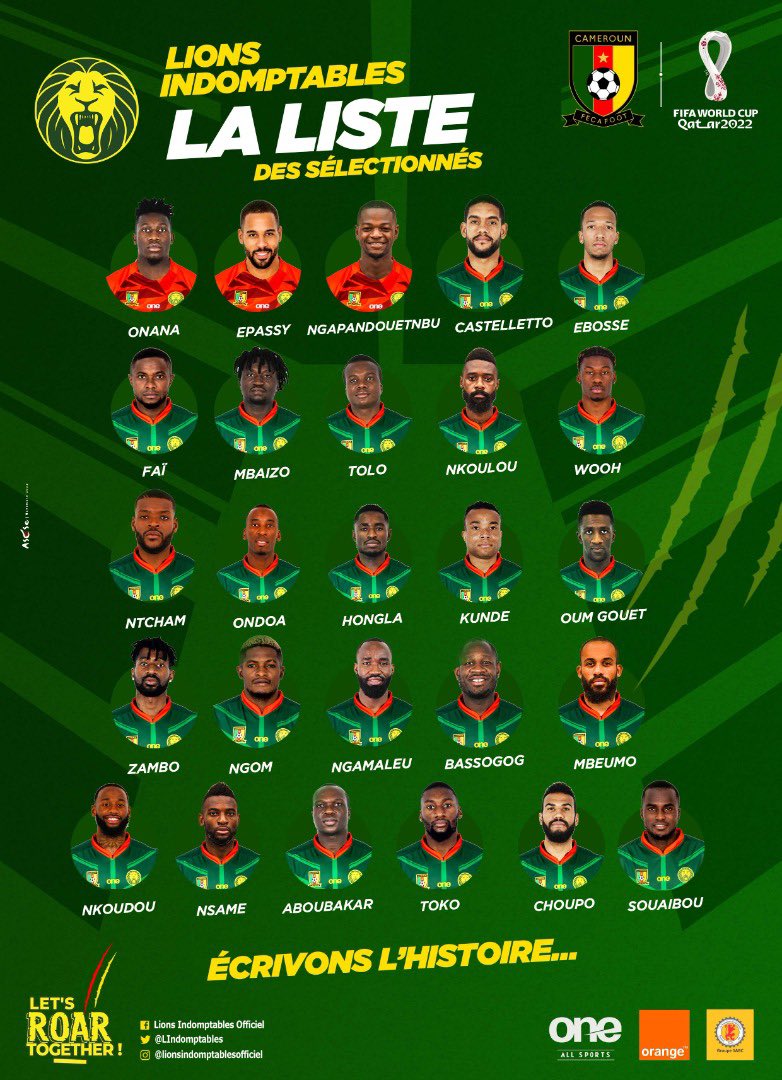 Los 26 convocados por Camerún para el Mundial de Qatar