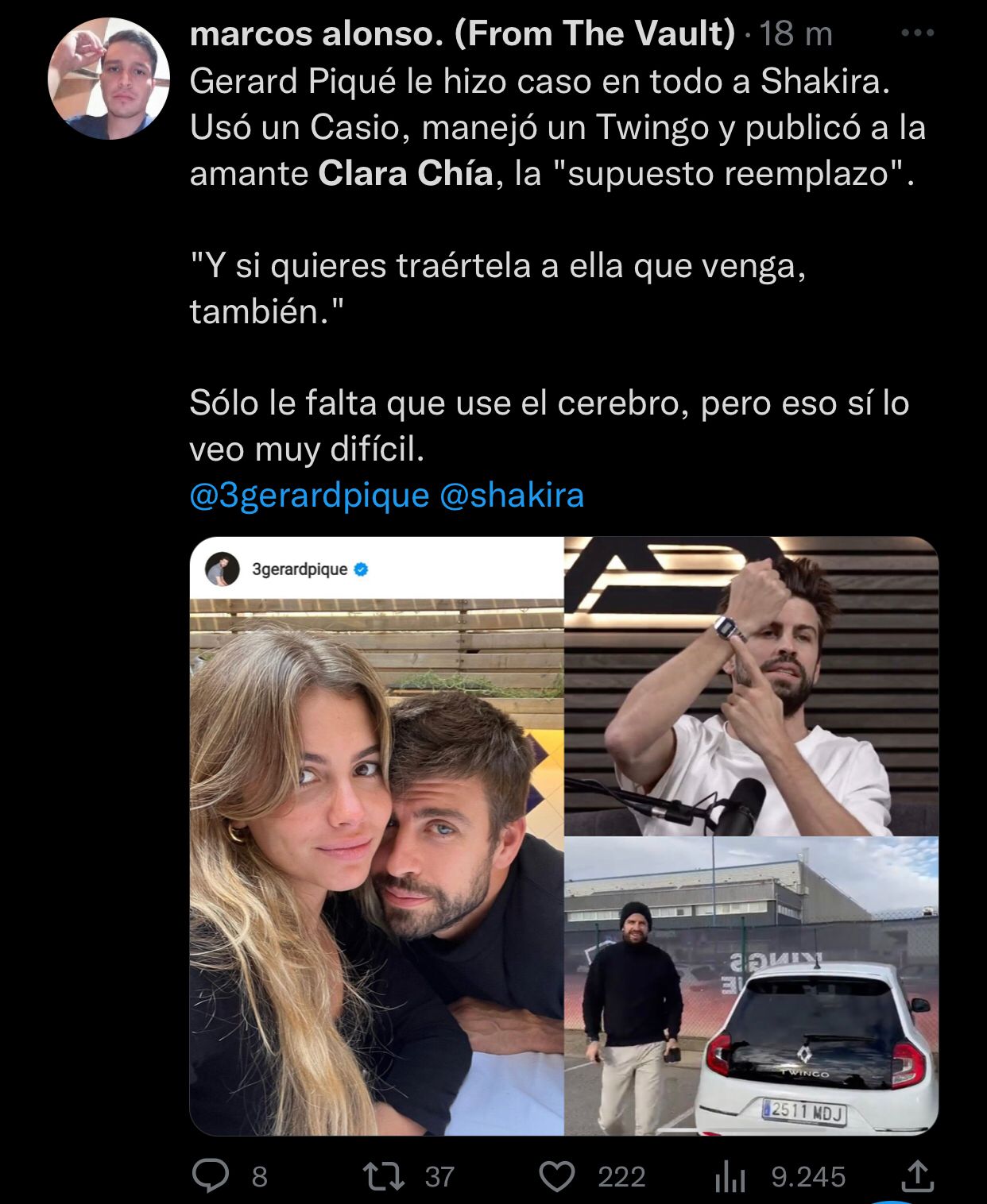 Las redes sociales no perdonaron al español, tras haber compartido su primera fotografía junto a Clara Chía. @marcosalonso/Twitter