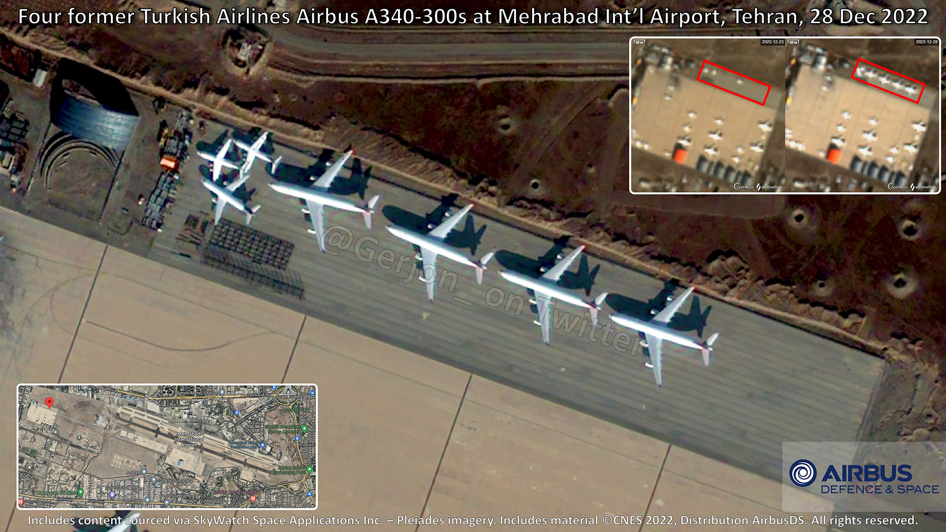 Airbus Security captured an image of 4 planes in Iran, which Gerjon replicated.  (Source: @Gerjon_/Twitter)