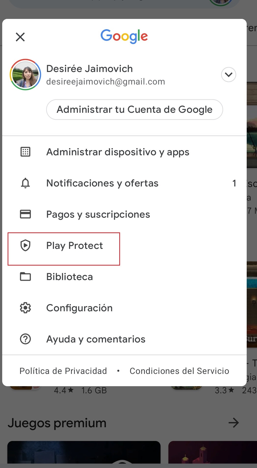 Ingresar en Play Store, presionar en el ícono de perfil y después entrar en Play Protect
