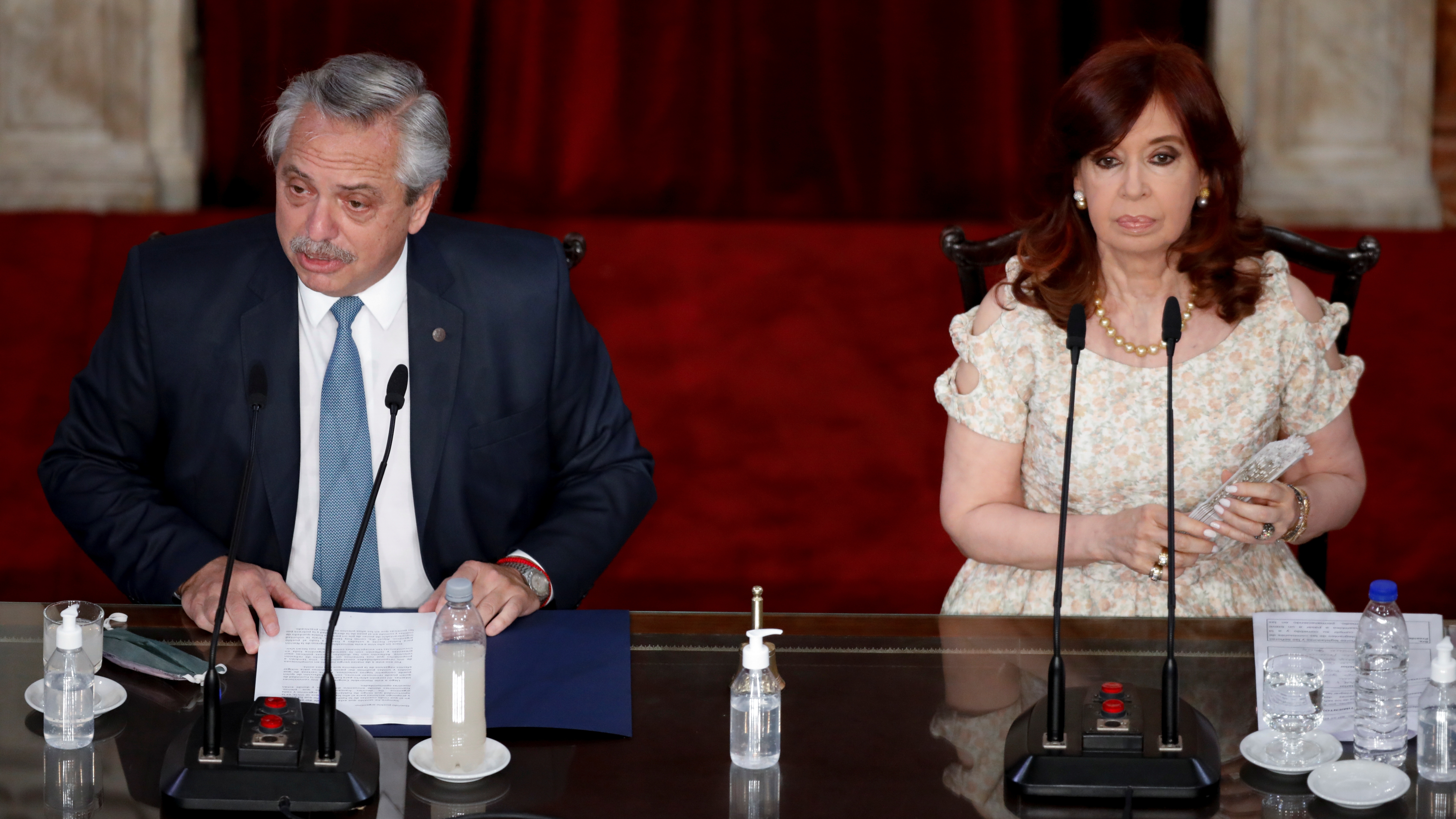 Argentina's President Alberto Fernandez (L) delivers his State of the Nation speech that marks the opening 2021 session of Congress, as vice-President Cristina Fernandez de Kirchner looks on in Buenos Aires, Argentina March 1, 2021. Natacha Pisarenko/Pool via REUTERS