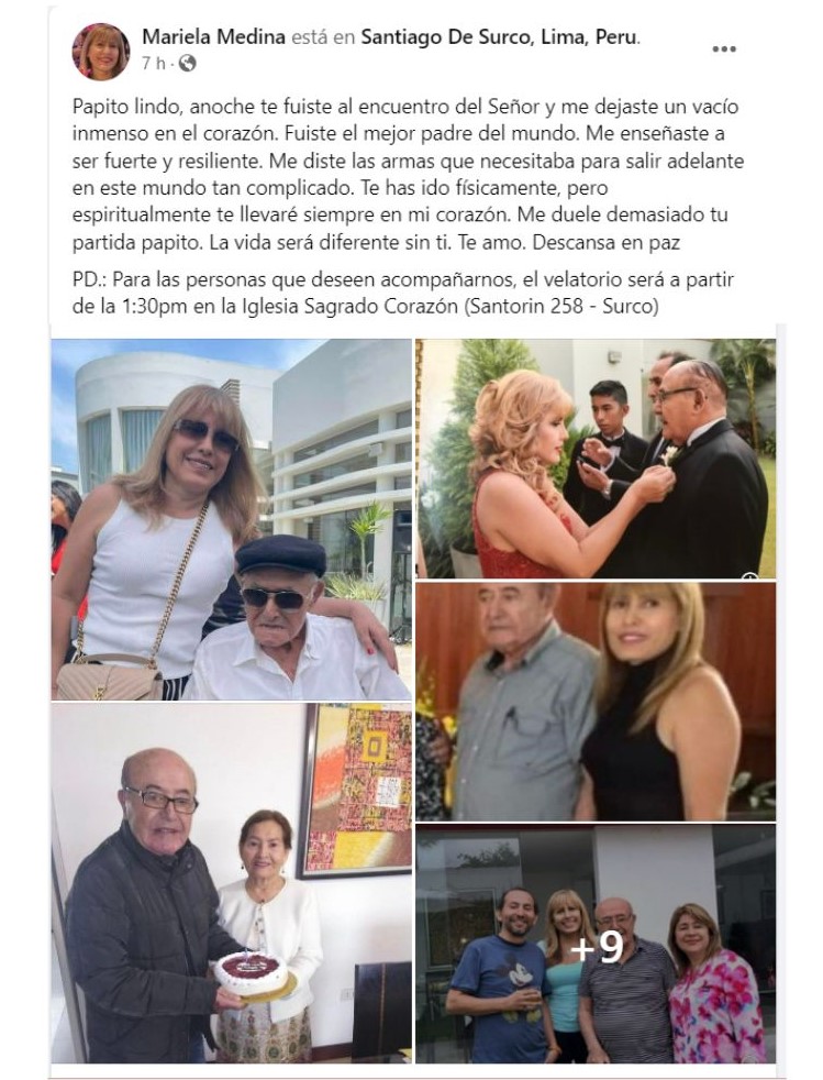 Mariela Medina se despidió de su padre con emotivo mensaje. (Facebook)