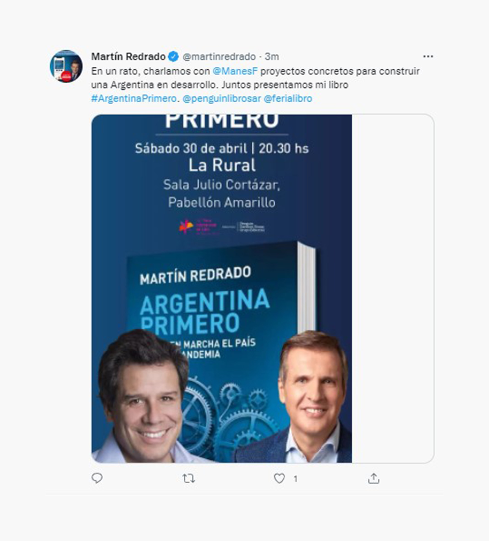 El tuit de Martín Redrado publicado este sábado por la tarde. 