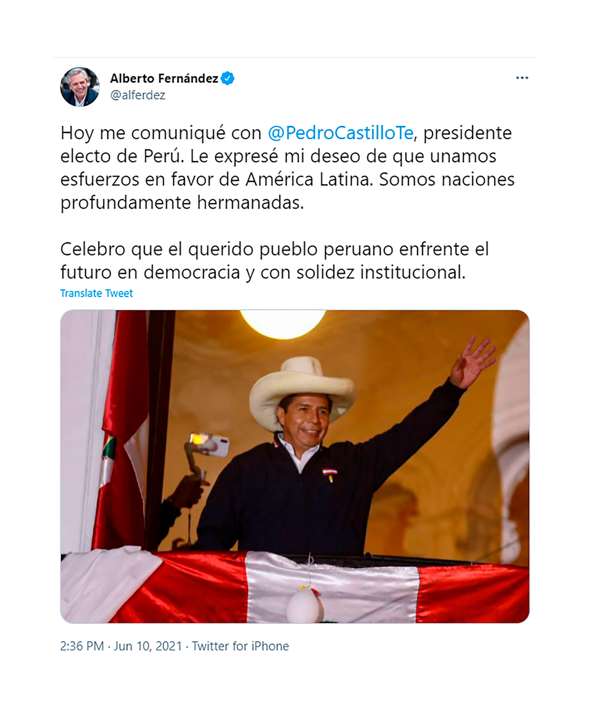 El tuit de Alberto Fernández felicitando a Pedro Castillo antes de la confirmación oficial 