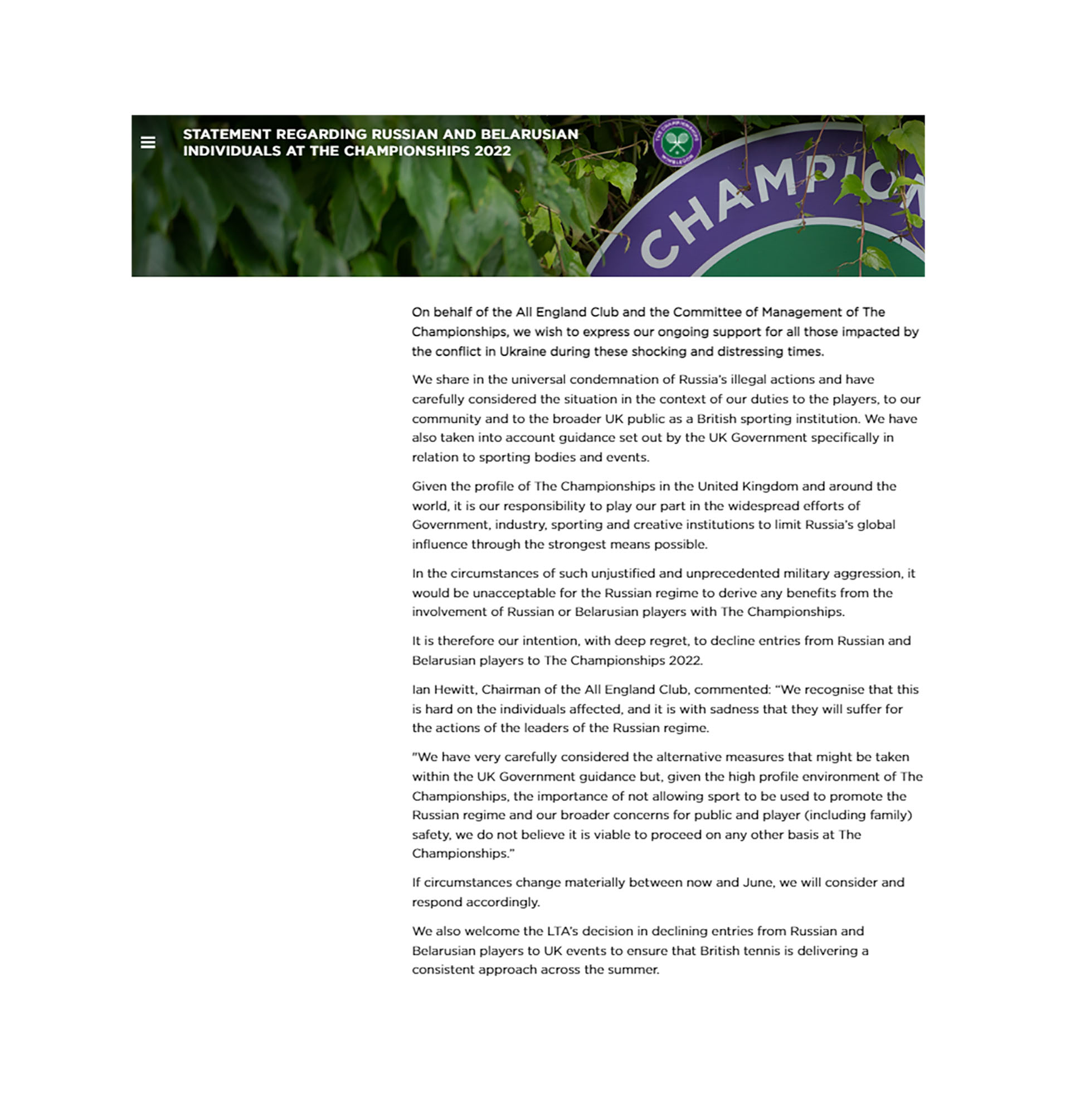 El comunicado de Wimbledon en el sitio web oficial del torneo. 