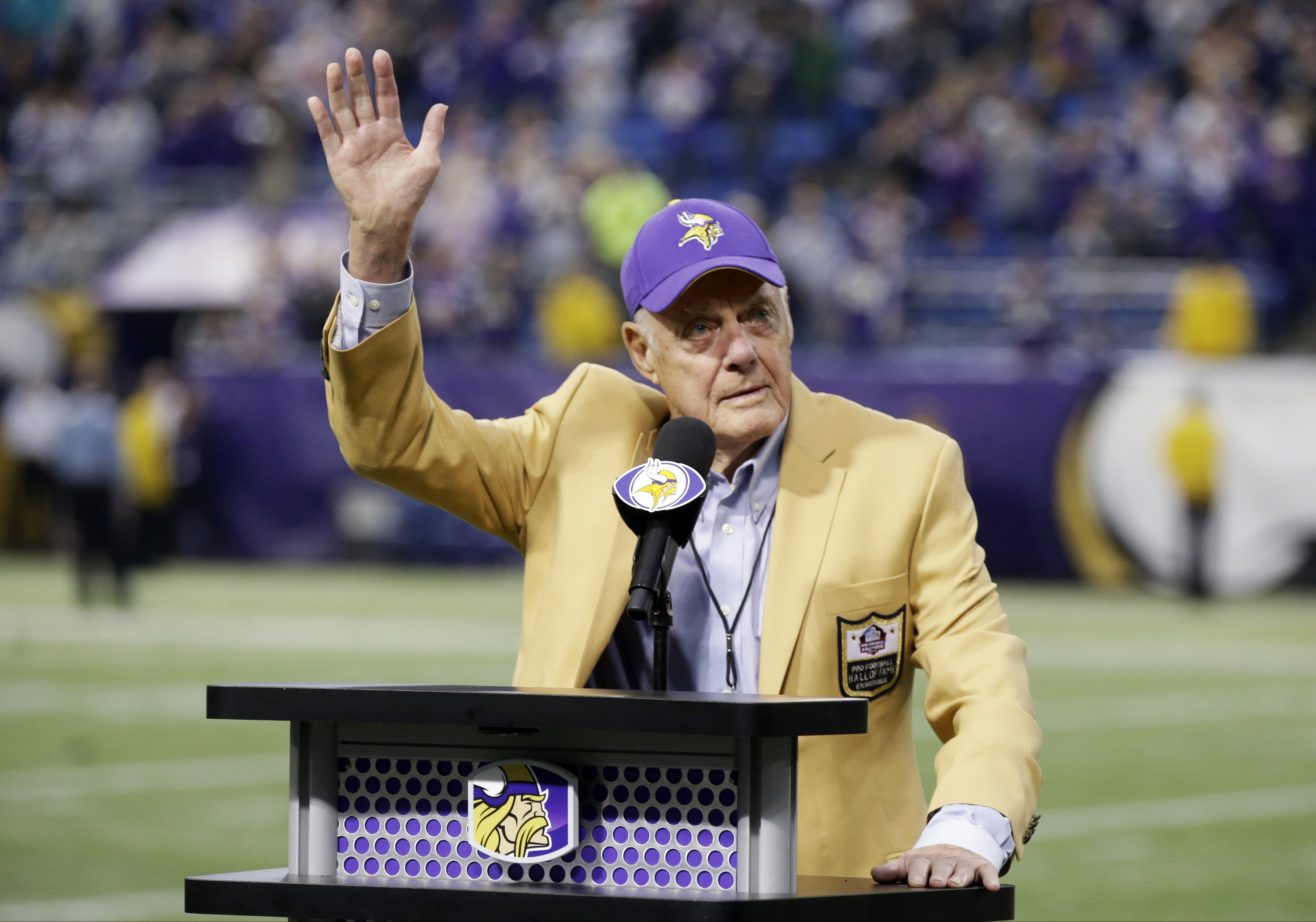 FILE - In this Dec. 29, 2013 file photo, former Minnesota Vikings coach Bud Grant bids farewell to the Metrodome during a ceremony following the game against the Detroit Lions.  On Saturday, March 11, 2023, Grant passed away at the age of 95.  (AP Photo/Jim Mone, File)