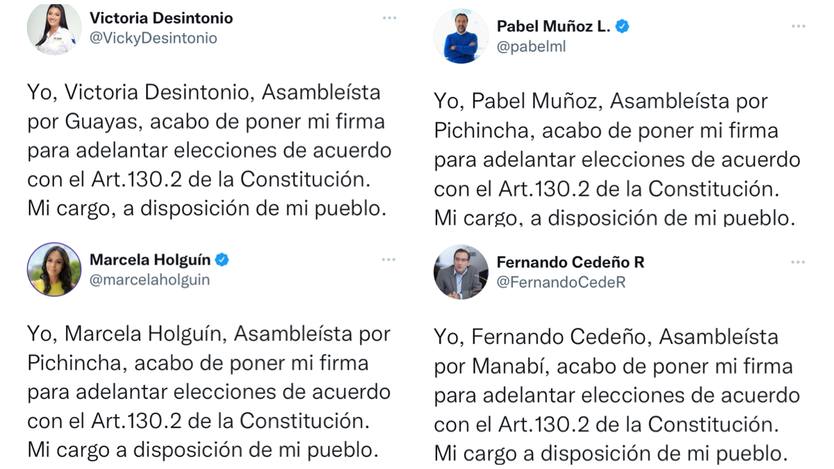 Mensajes de los legisladores correístas que buscan activar la disolución anticipada de poderes para destituir a Lasso y convocar a elecciones.