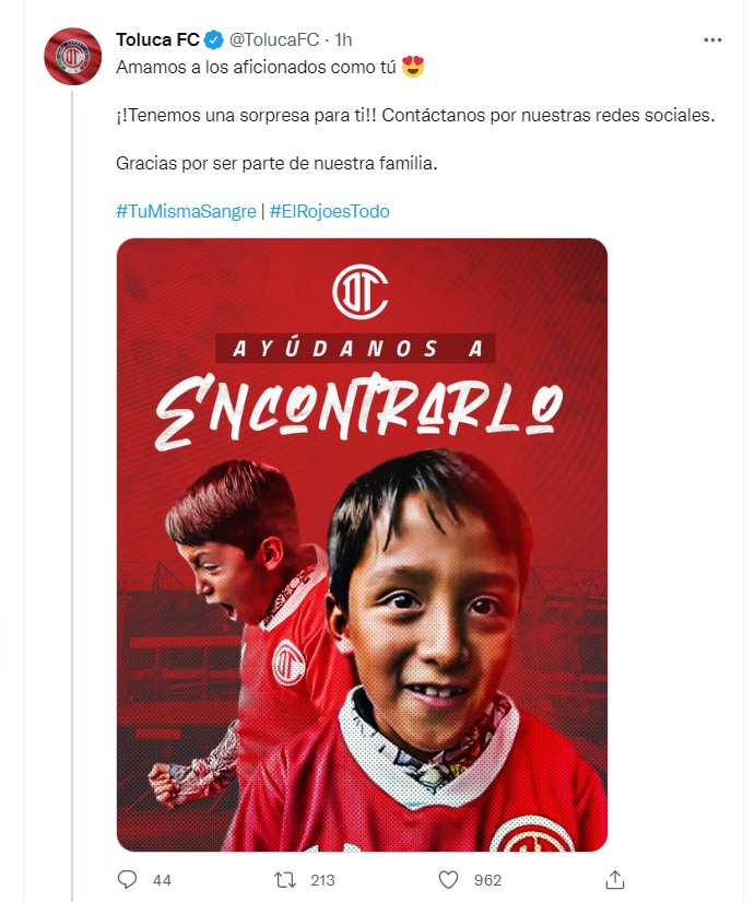 Toluca FC will look for a young fan for a surprise (Photo: Twitter/ @TolucaFC)