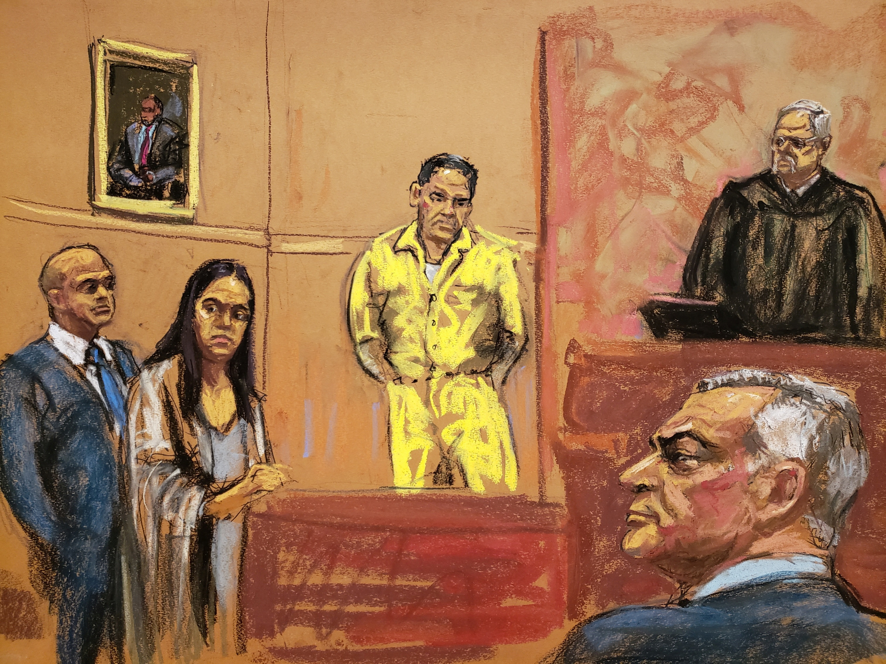 Oscar Nava Valencia looks at Garcia Luna as they all rise when the jury enters the room during the trial of Mexico's former Public Security Minister Genaro Garcia Luna on charges that he accepted millions of dollars to protect the powerful Sinaloa Cartel, once run by imprisoned drug lord Joaquin "El Chapo" Guzman, at a courthouse in New York City, US, January 30, 2023 in this courtroom sketch.  REUTERS/Jane Rosenberg