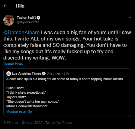 Taylor Swift enfureció con las declaraciones de Albarn (Foto: Twitter/@taylorswift13)