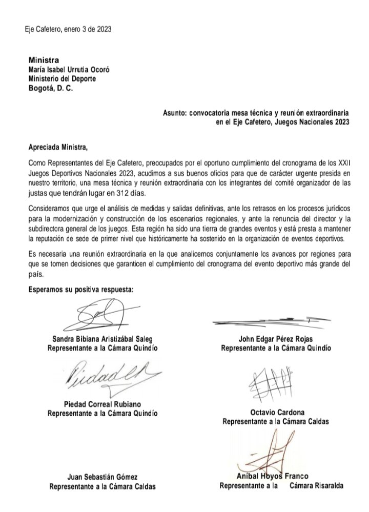 Carta congresistas del eje cafetero a MinDeporte. Sandra Aristizábal.