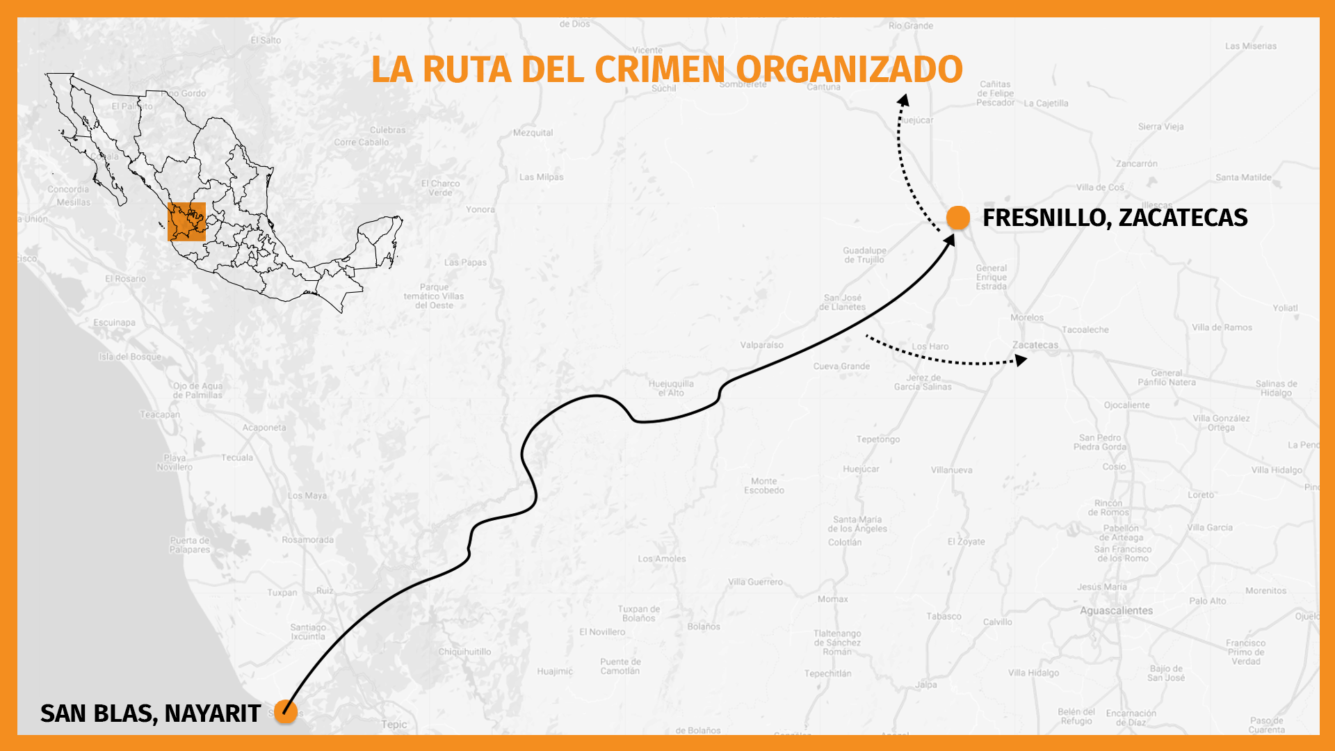 Rodeado por ocho estados (Aguascalientes, Coahuila, Nuevo León, Jalisco, Durango, San Luis Potosí y Guanajuato), Zacatecas ha vivido hasta ahora al margen de la violencia que golpeaba a sus vecinos (Mapa: Infobae México/Jovani Pérez Silva)