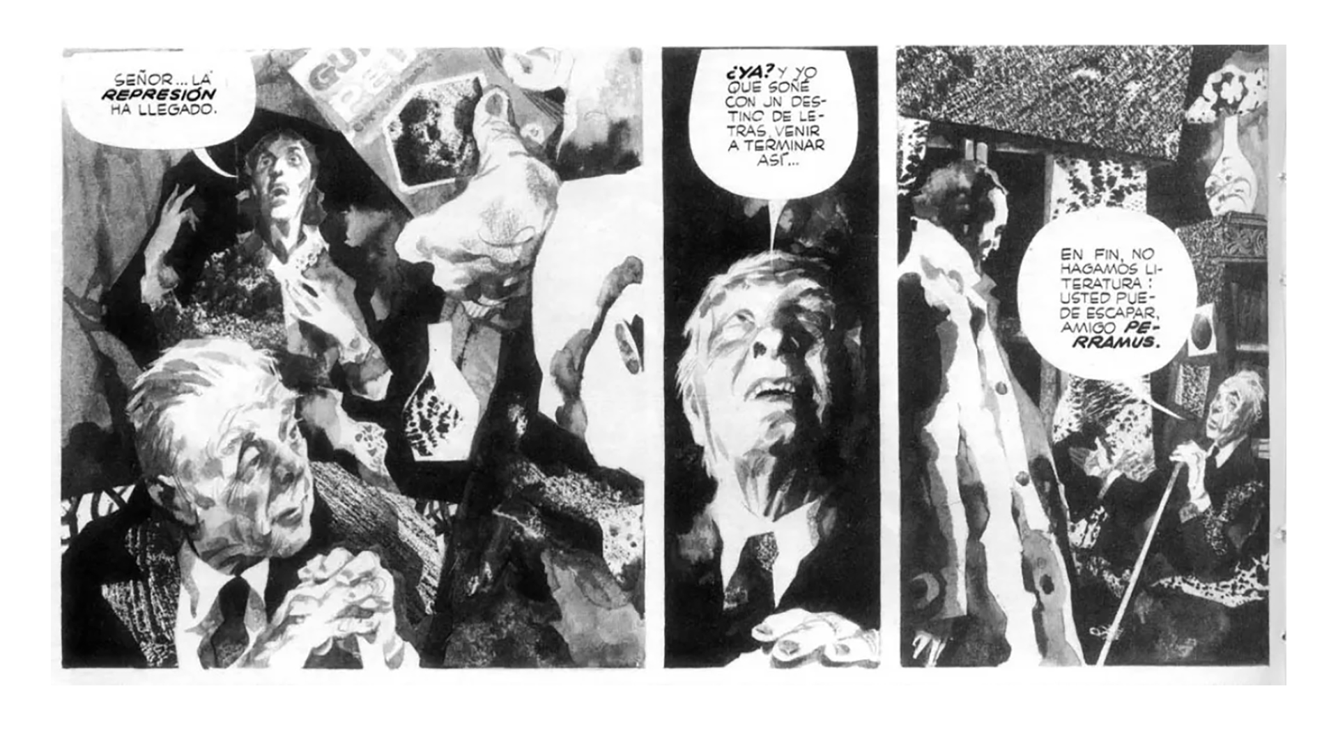 Jorge Luis Borges como personaje de "Perramus", una historieta escrita por Juan Sasturain e ilustrada por Alberto Breccia.
