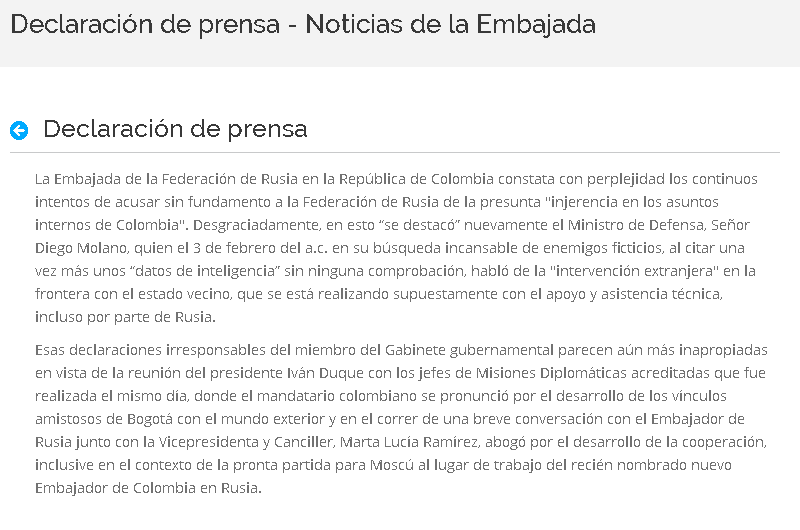 Embajada Rusa rechaza pronunciamiento de Diego Molano
