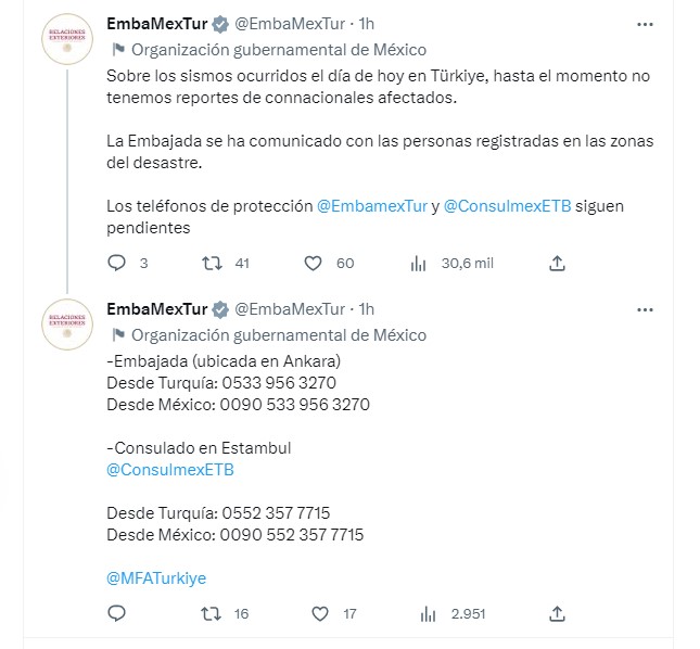 Aunque hasta el momento no hay registro de mexicano(a)s afectos por el terremoto en Turquía, el Consulado puso a disposición un par de números para brindar atención (Foto: Twitter@EmbaMexTur)