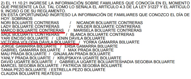 Lista de sobrinos de la presidenta Dina Boluarte que consignó en su declaración jurada.