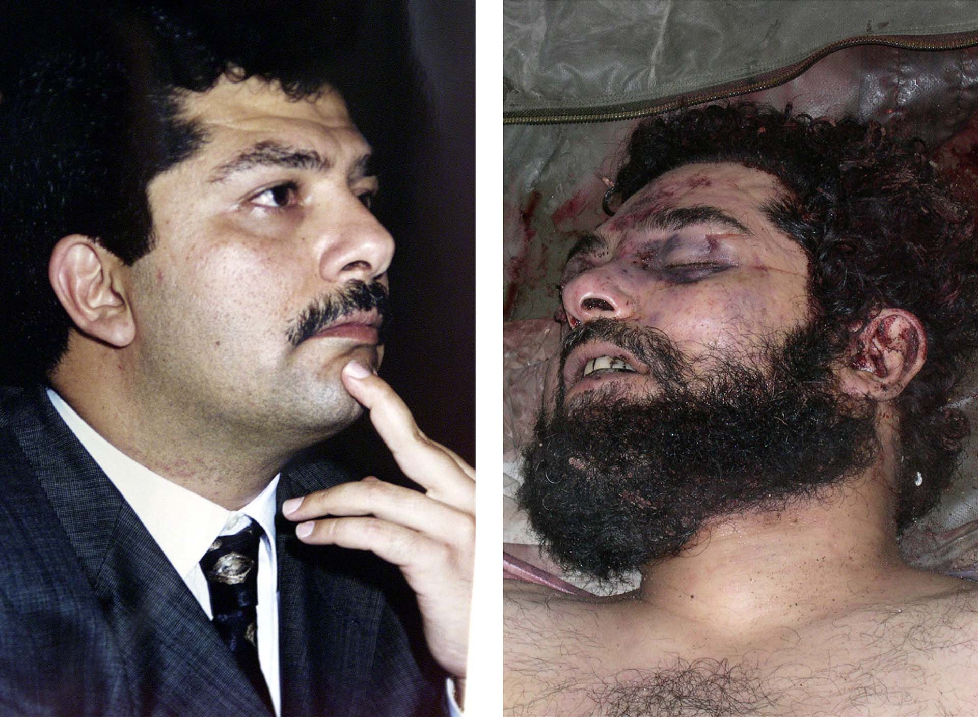 Kuasy Hussein cuando Qusay fue elegido líder del Partido Baas en 2001 (izquierda) y después de su muerte en una foto publicada por el 24 de julio de 2003. El ejército estadounidense publicó fotografías de los cuerpos de los hijos del tirano para "demostrar a los escépticos iraquíes que los temidos hermanos habían sido asesinados", dijeron las fuentes en ese entonces (REUTERS)
