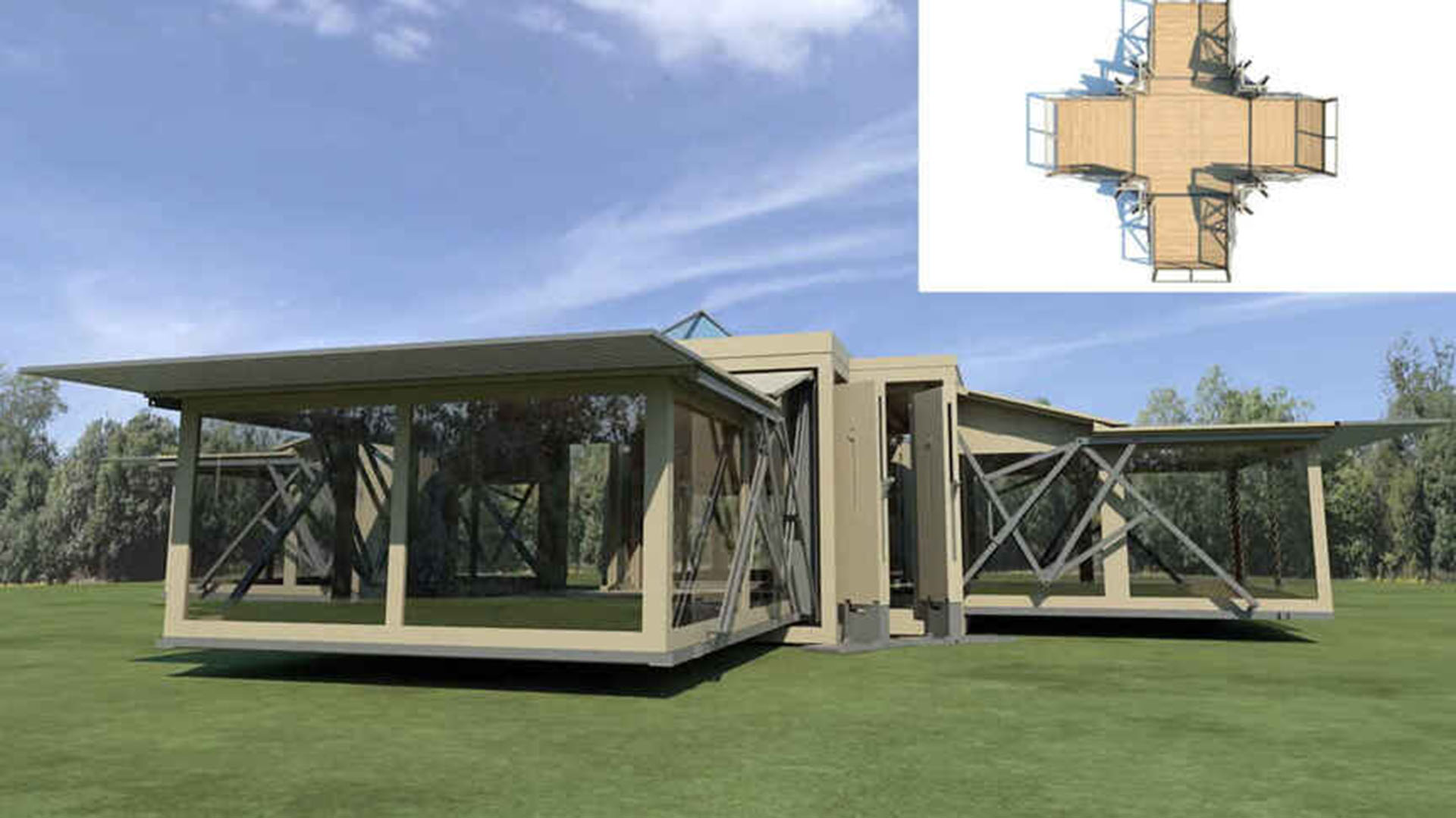 Con brazos extensivos que permiten sostener techos y estructura, futurista en materia edilicia