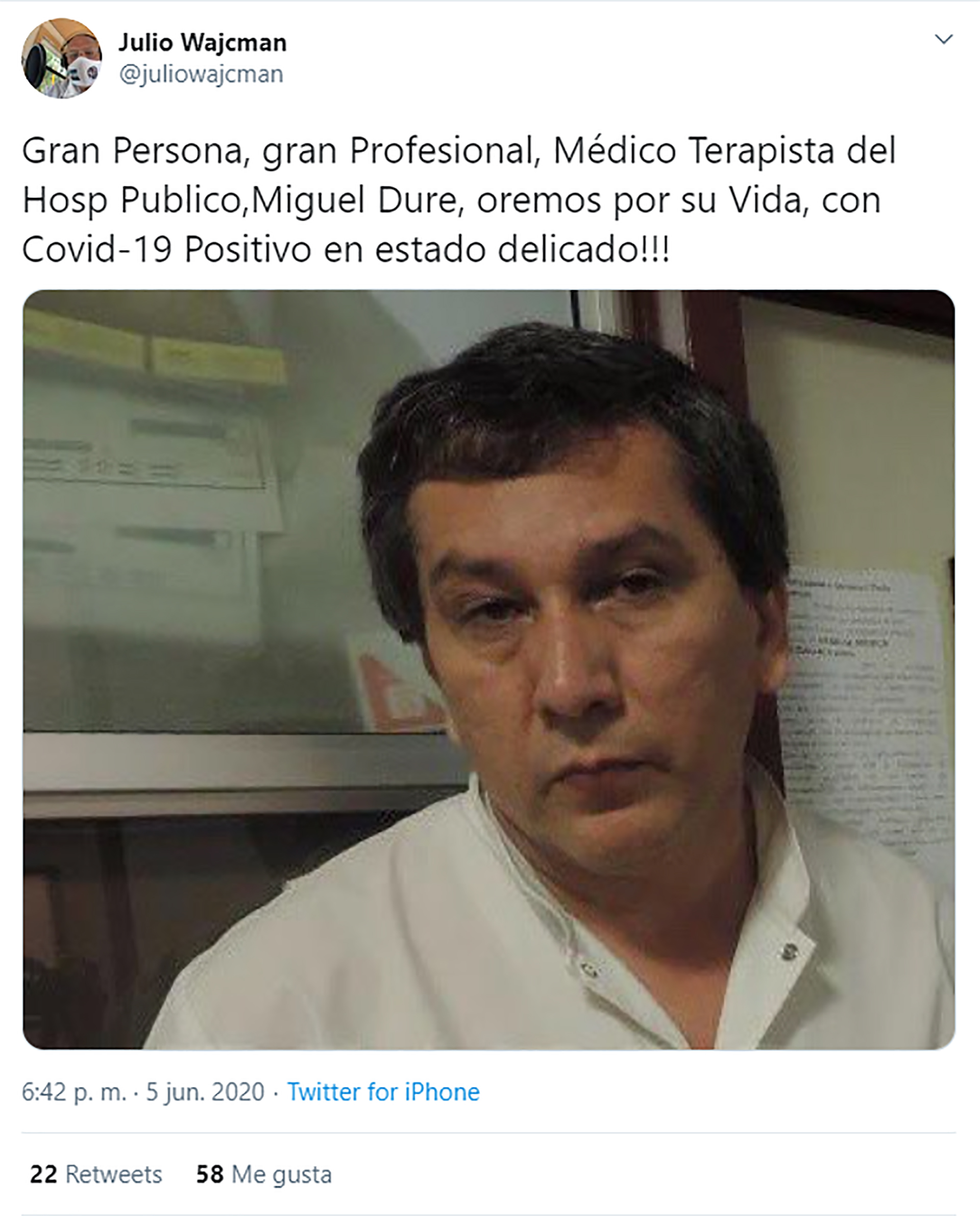 El doctor Miguel Duré, terapista del Hospital que contrajo COVID-19 y hace más de diez días que está internado. Su estado de salud es delicado.