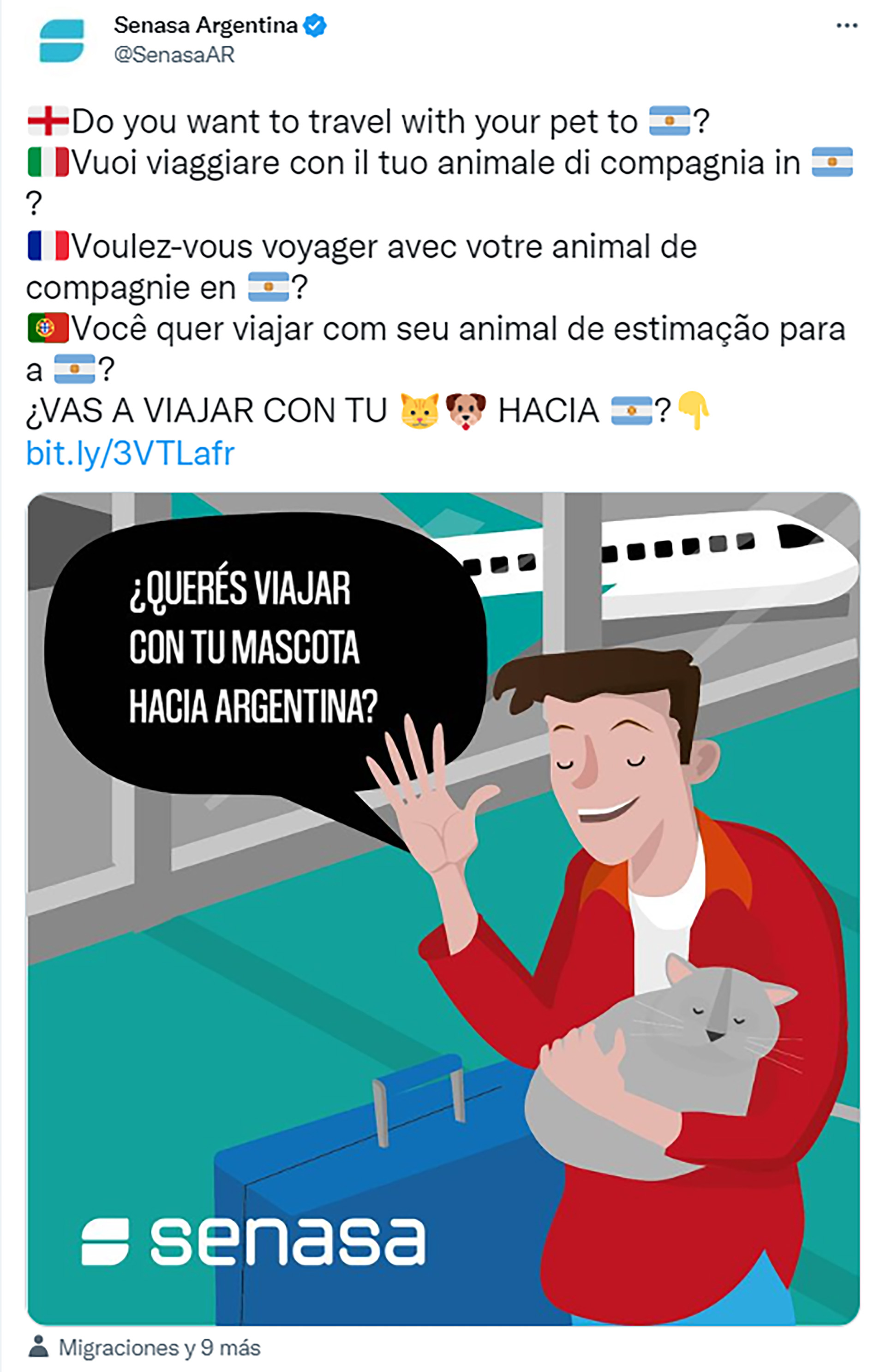 El Senasa inició una campaña para que quienes viajen al país con sus animales conozcan los requisitos de ingreso (@SenasaAR)