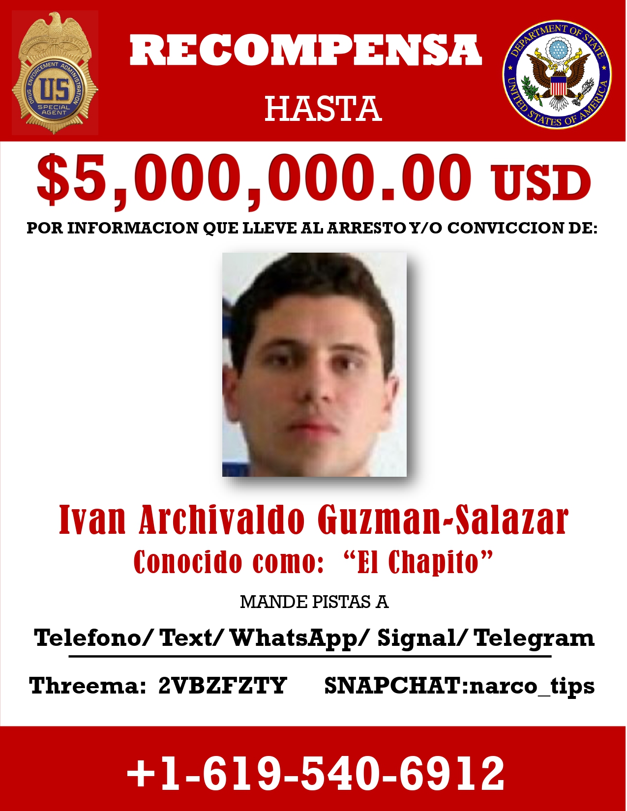 EEUU publicó póster de recompensa por “Los Chapitos”, hijos de Joaquín Guzmán Loera (Foto: Departamento de Estado, EEUU)