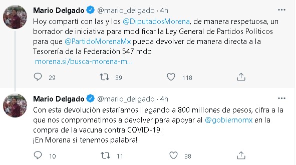 El dirigente de Morena expresó, una vez más, su intención de devolver las prerrogativas de su partido para la compra de vacunas contra COVID-19 (Foto: Twitter/ @mario_delgado)