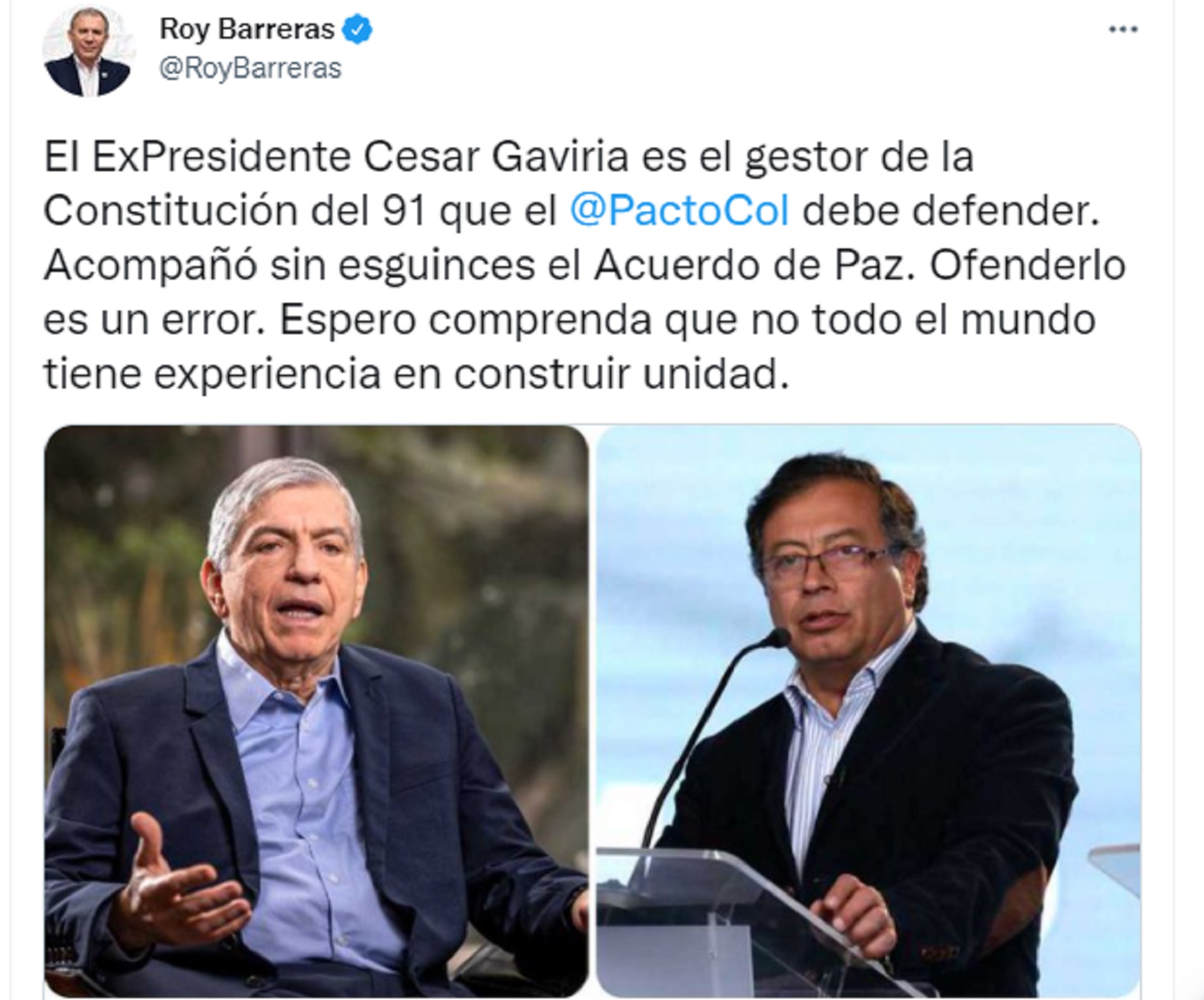 Tweet de Roy Barreras aludiendo a la crítica situación del Pacto Histórico ante la ruptura de conversaciones del Partido Liberal