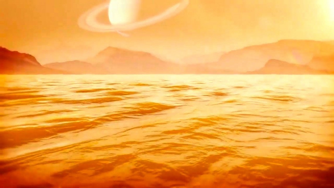 Eine künstlerische Darstellung von Kraken Mare, einem riesigen Ozean aus flüssigem Methan auf dem Saturnmond Titan.  NASA/John Glenn Forschungszentrum