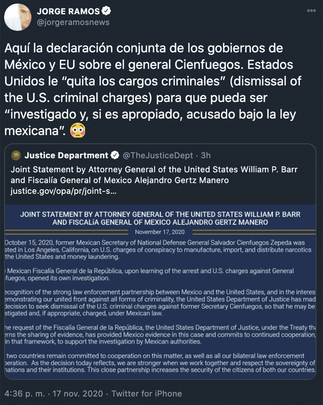 Jorge Ramos dejó ver su postura en un tuit donde informó sobre el comunicado conjunto de autoridades mexicanas y de Estados Unidos (Foto: Twitter@jorgeramosnews)