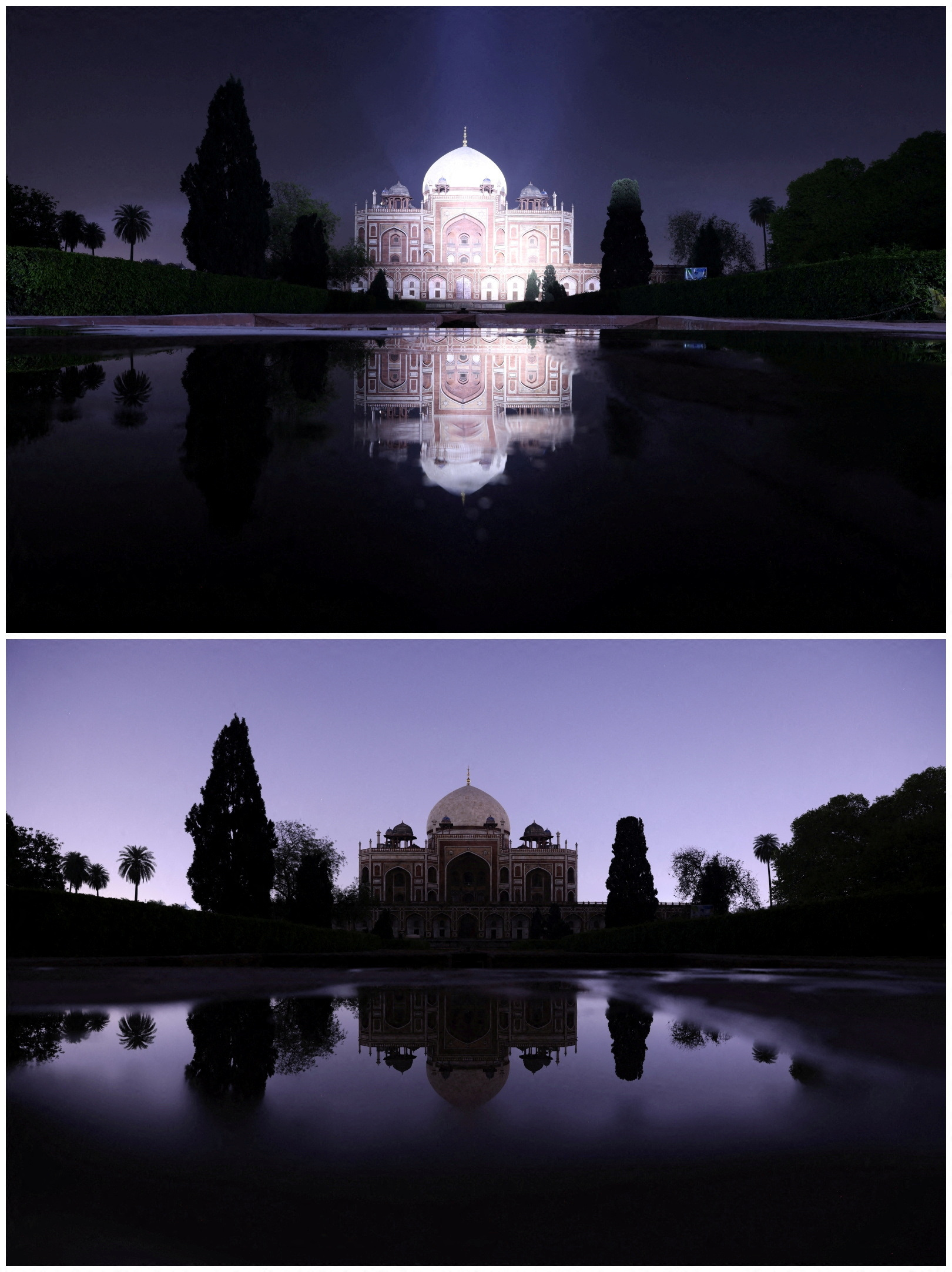 Una imagen combinada muestra una vista de la Tumba de Humayun antes y después de que se apagaran las luces para marcar la Hora del Planeta en Nueva Delhi, India, el 25 de marzo de 2023. REUTERS/Anushree Fadnavis IMÁGENES TPX DEL DÍA