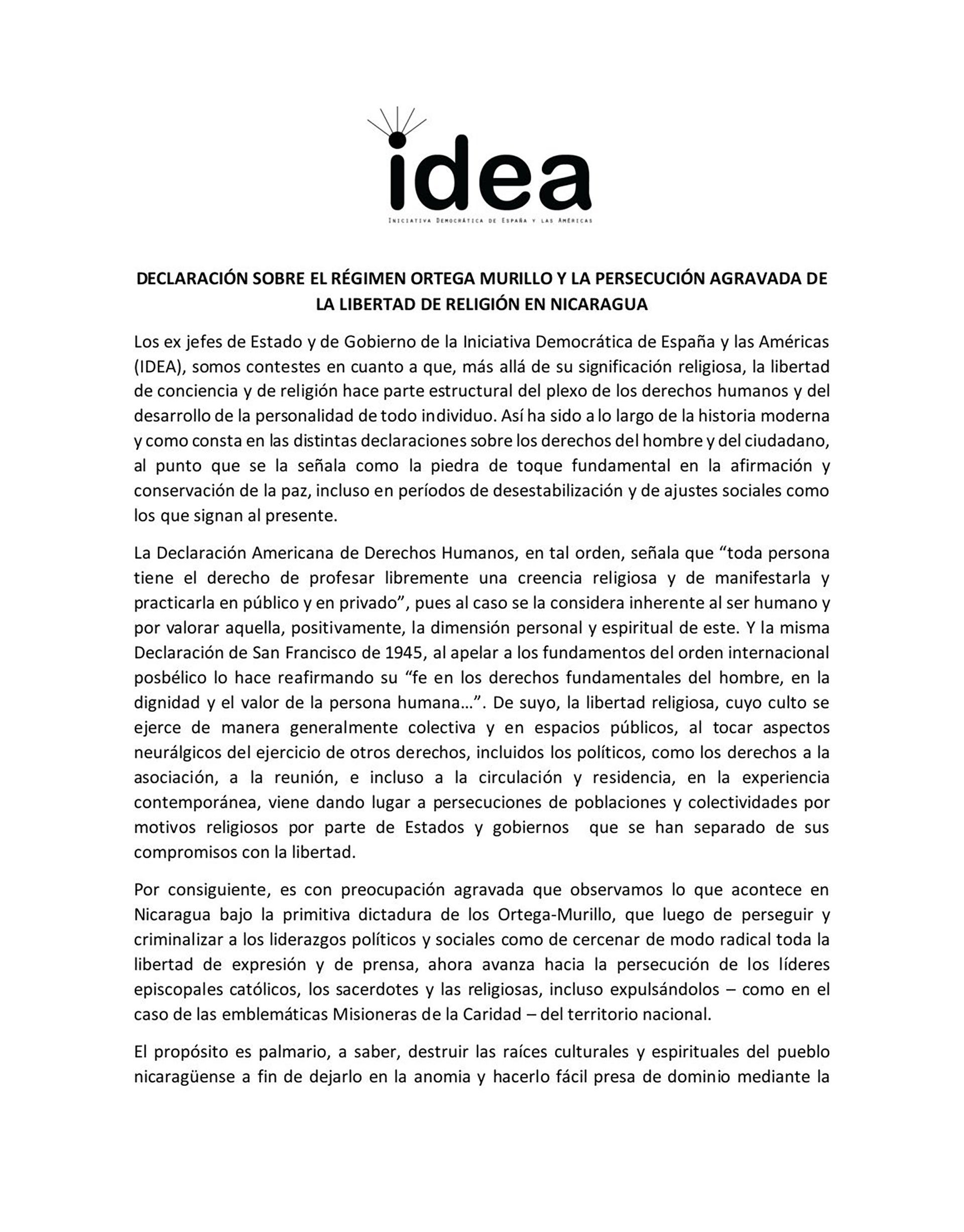 La primera parte de la declaración del grupo Idea sobre la persecución religiosa en Nicaragua 