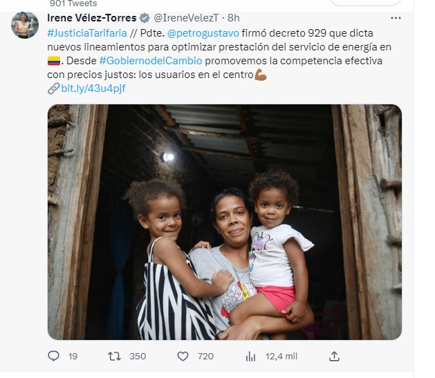 Tuit de la ministra Irene Vélez